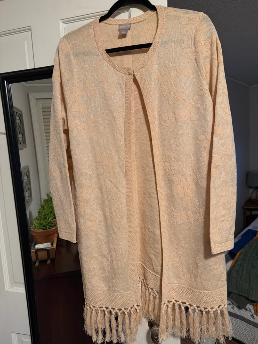 Chicos Peach Lace Fringe Open Cardigan